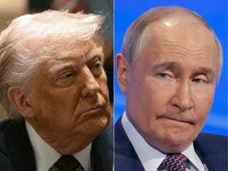 Essa combinação de fotos criadas em 30 de março de 2025 mostra o presidente dos EUA, Donald Trump, na Casa Branca, em 24 de março de 2025, em Washington, DC e o presidente russo Vladimir Putin em Moscou em 18 de março de 2025
